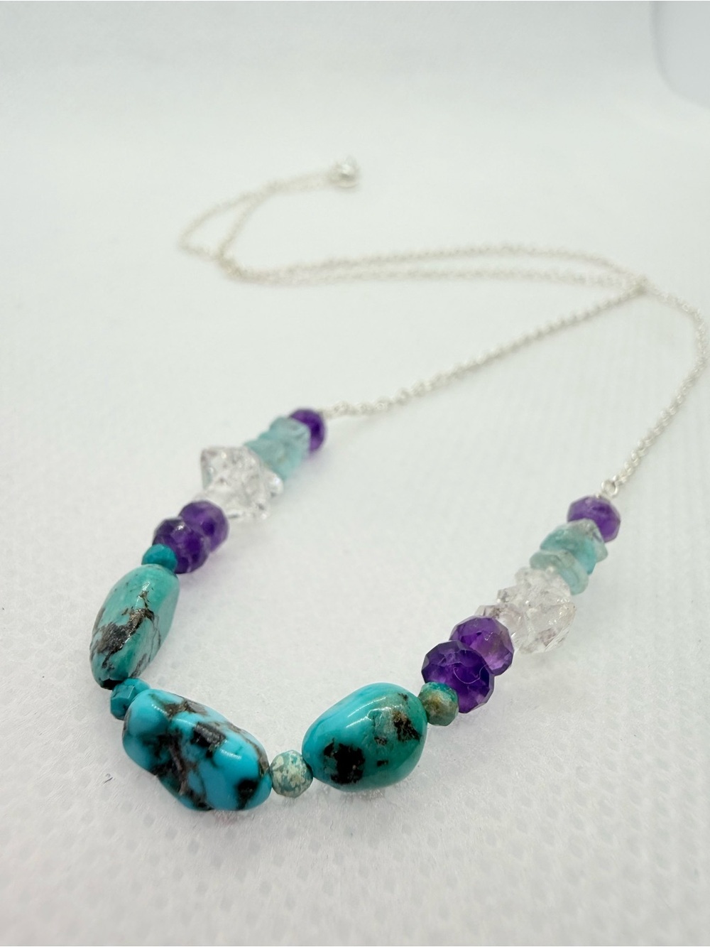 🌸 Boho Turquoise & Amethyst Beaded Gemstone Necklace Silver Chain